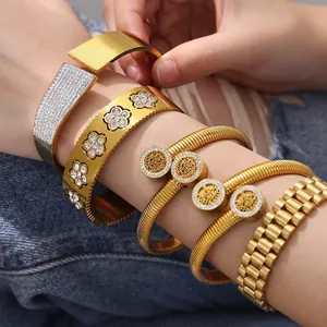 Bracciale Rigido Da Donna In Acciaio Inossidabile Zircone Intarsiato Albero Della Vita Geometrico Fiore Placcato Oro 18K