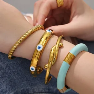 Bracciale Rigido Acciaio Inossidabile Smalto Malocchio Bambù Intrecciato Geometrico Gioielli Moda Donna Regolabile