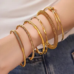 Stainless Steel Open Cuff Bracelets Bamboo Knot Spiral Twist Minimalist Fashion Bangle Jewelry For Women