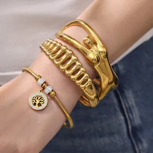 Bracciale Rigido In Acciaio Inossidabile Placcato Oro 18K Ciondolo Albero Della Vita Zircone Cuore Onda Gioielli Per Donna