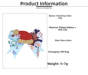 Detailed view of Christmas hair clip dimensions and festive snowman ribbon patterns