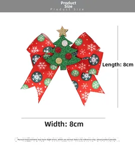 Detailed view of red Christmas bow hair clip with sequined tree and size dimensions