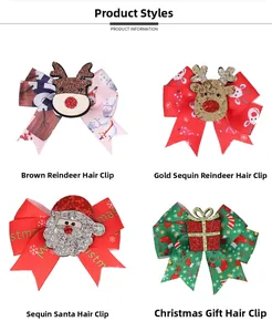 Set of four Christmas hair bows featuring reindeer and Santa Claus with glitter details