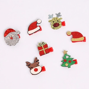 7pcs Christmas hair clip set for kids featuring Santa, reindeer, and sequined tree clips