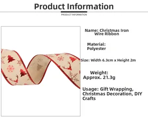 Detail view of 6.3cm wide Christmas wire ribbon with reindeer and snowflake patterns
