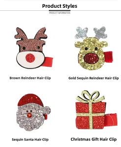 Detail view of four Christmas hair clips including reindeer, Santa and gift box styles