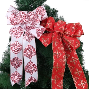 Grande Fiocco Decorativo per Albero di Natale con Bordo Glitterato Tessitura in Cotone Effetto Iuta Ornamento per Festa Natalizia Fai da Te