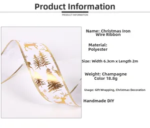 Detail von 6,3 cm breitem Weihnachtsband mit Drahtkante und goldenem Druck