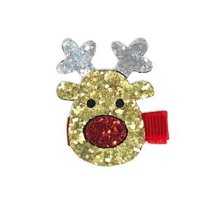 Glitter reindeer Christmas hair clip with sequin antlers and festive red nose decoration