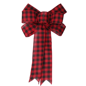 Red and black buffalo plaid Christmas tree bow ornament with rustic fabric texture