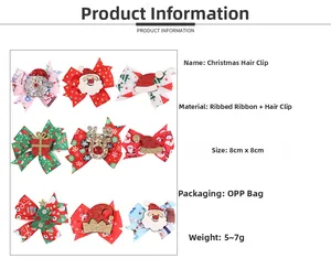 Detail view of colorful Christmas bow hair clips showing grosgrain ribbon and festive designs