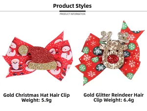 Detail of Christmas bow hair clips featuring sequined Santa hat and reindeer designs