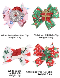 Detail showing Christmas hair clips with Santa, tree, and gift box weighing 5.6g to 6.8g