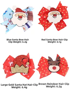 Detail view of 4 Christmas bow clips including Santa and reindeer motifs weighing 6.1g-6.4g
