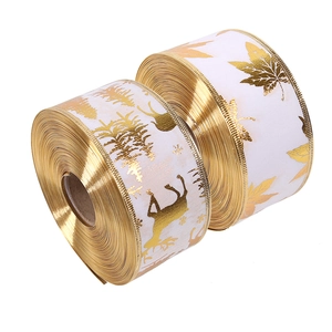 Christmas white satin ribbon with gold foil tree and elk print for holiday decoration
