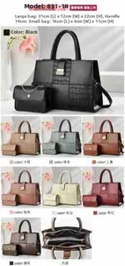 Detail view of large tote and mini chain bag set in textured stone pattern leather