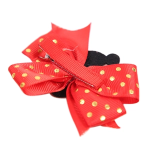Red polka dot bow hair clip with black cartoon mouse ears and silver duckbill metal clip