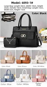 Detail showing the large PU leather handbag with matching small chain pouch and dimensions