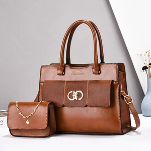Brown faux leather tote and chain bag set with polished metallic clasp detail