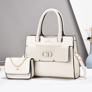 Chic beige tote and chain pouch set with gold hardware and stylish metal clasp