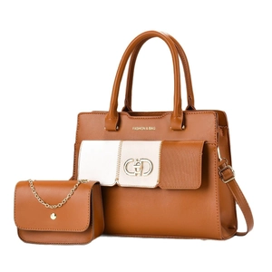 Brown and white patchwork leather tote bag with matching chain pouch and CD metal buckle