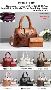 Detail view of crocodile texture tote bag set with dimensions and multiple color options
