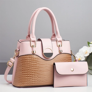 Pink and brown crocodile pattern tote bag set with matching envelope wallet for women