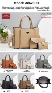Detailed view of the 3-piece luxury leather handbag set with metal triangle hardware