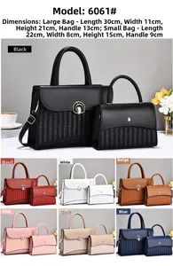 Detailed view of woven tote bag set dimensions and color options in multiple shades