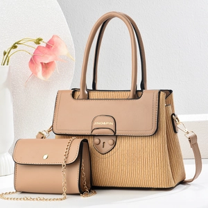 Fashionable khaki striped tote bag set with detachable shoulder strap and small chain pouch