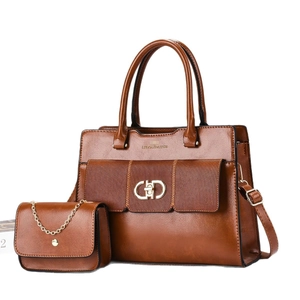 Brown leather tote and chain handbag set with vintage texture and metal logo