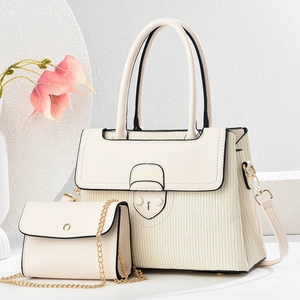 Chic beige striped tote bag set with matching chain flap crossbody bag for women