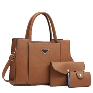 Three-piece set of brown lychee-patterned leather tote, clutch, and card holder
