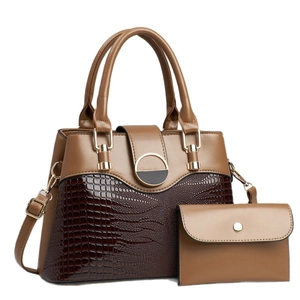 Brown crocodile texture handbag set with tote bag and small matching wallet pouch