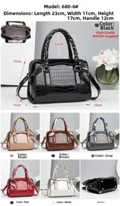 Detail view of glossy crocodile pattern handbag showing dimensions and interior structure