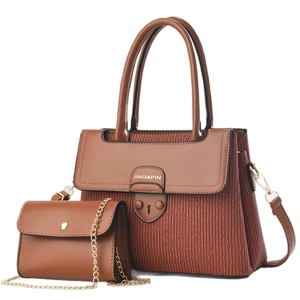 Brown faux leather handbag set with vertical pleated texture and gold chain mini bag