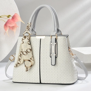 Elegant white checkered handbag with grey top handle and decorative chain print scarf