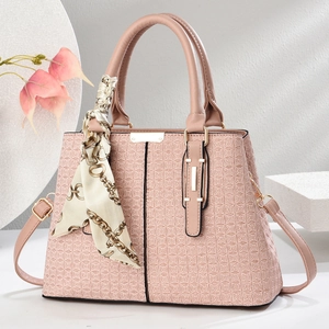 Pink checkered embossed leather handbag with top handle and silk scarf detail