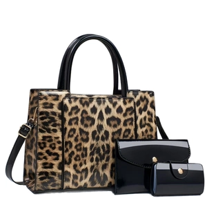 Three-piece set featuring leopard print tote and black patent leather handbags