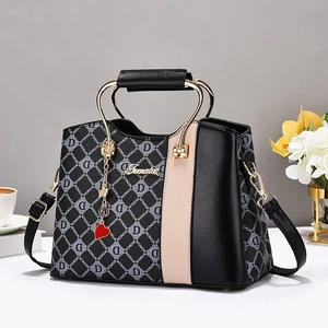Women Color Block Handbag PU Leather D Monogram Printed Crossbody Bag With Metal Handle And Heart Charm Casual Elegant