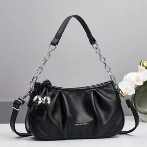 Pleated PU Leather Shoulder Bag Women Chic Cloud Crossbody Dumpling Handbag With Metal Chain Ball Charm Urban Minimalist