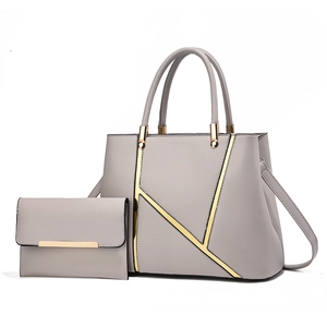 Elegantes graues Handtaschen-Set aus Kunstleder mit goldenen geometrischen Metall-Details