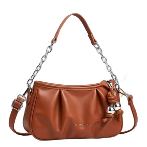 Brown pleated leather cloud bag with chain strap and silver ball charms on white background