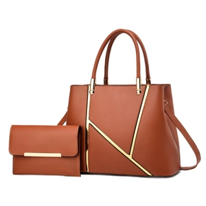 Braunes Damenhandtaschen-Set aus Kunstleder mit Goldrand und passender Geldbörse