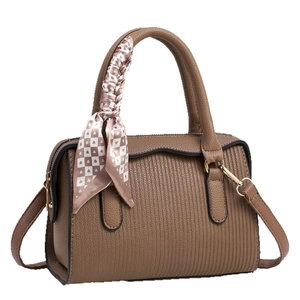 Dark coffee embossed Boston bag with high-capacity design and decorative heart silk scarf