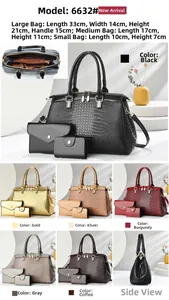 Detail view of 3-piece crocodile pattern handbag set in glossy synthetic leather with dimensions