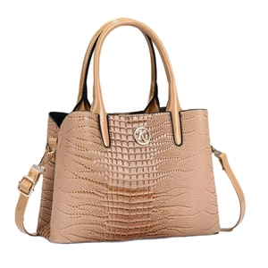 Sac à main kaki avec motif crocodile, logo doré et poignées brillantes en vue latérale