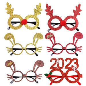 Glittery Christmas party glasses set featuring reindeer antlers and holiday themed frames