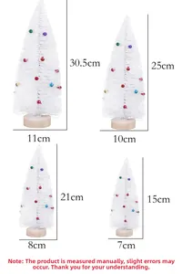 Größentabelle für kleine weiße Kiefernnadel-Weihnachtsbäume mit bunten Ornamenten