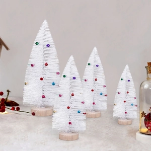 Miniature white sisal Christmas tree set with colorful baubles and wooden base
